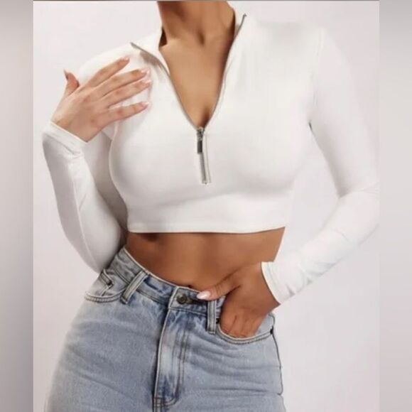 MESHKI Ashlea Long Sleeve Zip Up Crop Top in White NEW with tag - Picture 4 of 6